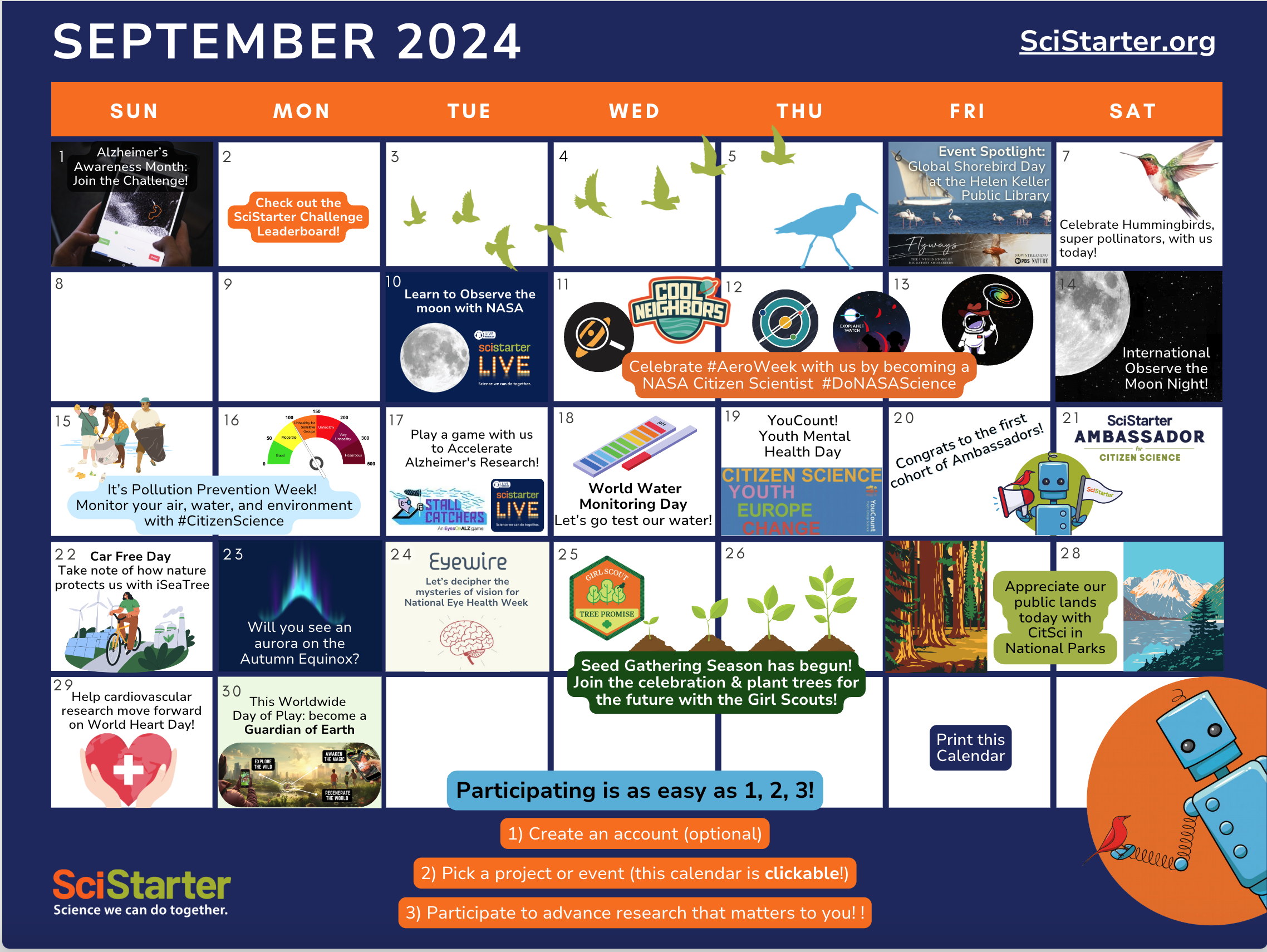September calendar populated with citizen science projects, events and awareness days.